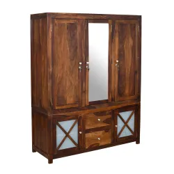 Cross Pattern Solid Wood 3-Door Wardrobe with Mirror in Provincial Teak Finish