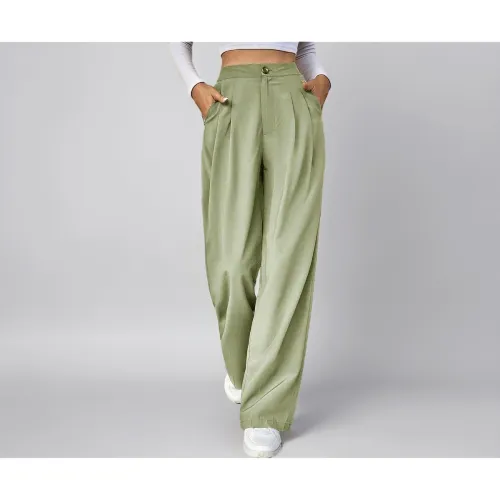 Image of KOTTY Womens High Rise Cotton Blend Straight Fit Cross Pocket Solid Trousers