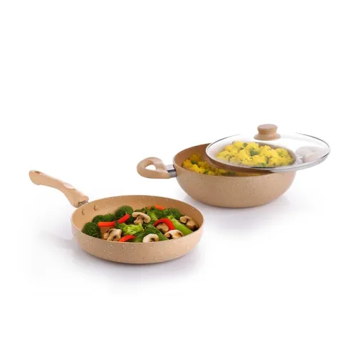 Image of Crystal 225mm Kadai + 225mm Fry Pan with Glass Lid (2Pcs Set)