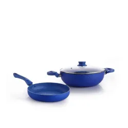 Crystal 250mm Kadai + 250mm Fry Pan with Glass Lid | 2Pcs Set| Blue