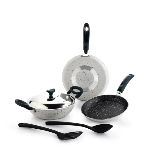Image of Crystal Aluminum 6 Pcs Non Stick Cookware Set Tawa Fry Pan, Kadhai with Lid, Laddle & Spatula