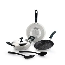 Crystal Aluminum 6 Pcs Non Stick Cookware Set | Gas Stove Friendly | Tawa, Fry Pan, Kadhai with Lid, Laddle & Spatula | Durable 4 Layer Non Stick Coating | PFOA Free | White