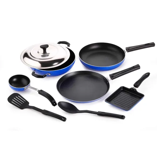 Image of Crystal Eco Plus 8-pc Non-Stick Cookware Set, PFOA Free, Tawa, Kadhai with SS Lid, Fry Pan, Vagariya, Mini Grill Pan, 2 