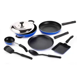 Crystal Eco Plus 8-pc Non-Stick Cookware Set, PFOA Free, Tawa, Kadhai with SS Lid, Fry Pan, Vagariya, Mini Grill Pan, 2 