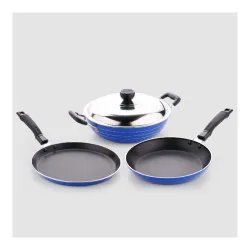 Crystal Induction Base Nonstick Cookware Set - 4-Pcs | Tawa 250 mm + Fry Pan 225 mm + Kadai 225 mm + Glass lid 225 mm | Thickness- 3mm