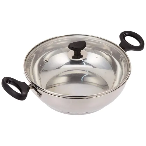 Image of Crystal Stainless Steel Induction Bottom Kadhai with Glass Lid, 250 Mm, Standard, Multicolor