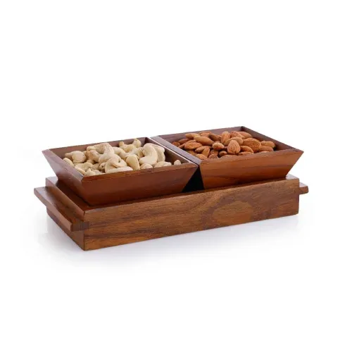 Image of Crystal Milano Premium Teak Wood Tray with 2 Bowls 