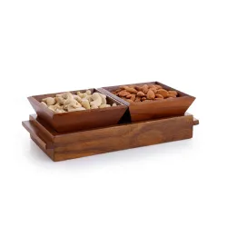 Crystal Milano Premium Teak Wood Tray with 2 Bowls 