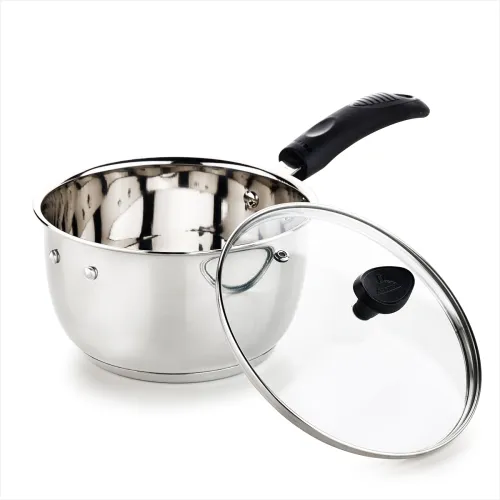 Image of Crystal Stainless Steel Saucepan with Glass Lid| 180 mm |2.5 Litre | Induction Base | Sandwich Bottom | Silver