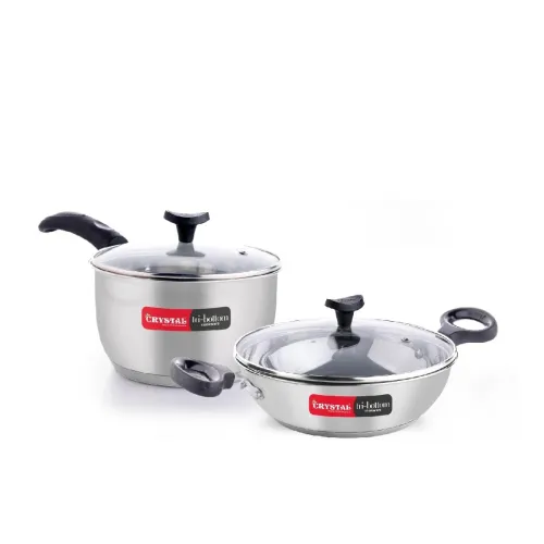 Image of Crystal Tri Bottom Stainless Steel 4 Pc Cookware Set (Kadai /Wok - 25 Cm & Tea/Milk Saucepan-18 Cmand 2 Glass Lids) Indu