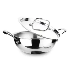 Crystal TriPro -Triply Stainless Steel Extra Deep Kadai with Lid - 24 cm (Induction Bottom), Silver (CTP-EDK-002)
