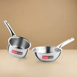 Crystal Tripro Triply Stainless Steel 2 Pcs Cookware Set | Sauce Pan 14cm and Wok 18cm | Even and Faster Heating | Healthy Cooking, Less Oil Use - Induction and Gas Stove Ready