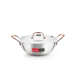Crystal TriPro -Triply Stainless Steel Extra Deep Kadai with Lid - 26 cm (Induction Bottom), with Rose Gold Handle (CTP-
