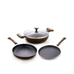 Crystal Vivid Series Induction Base Non Stick Cookware Set- 4 Pcs | Tawa 250 mm + Fry Pan 240 mm + Kadai 240 mm + Glass 
