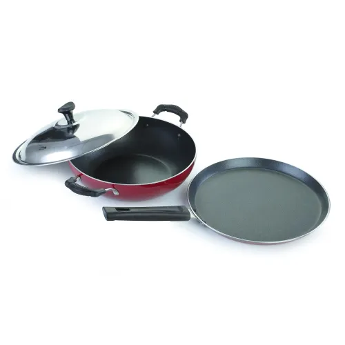 Image of Crystal Vivid Series Induction Bottom Non-Stick Cookware Set, 2 Pcs, Maroon | Tawa 250 mm | Kadai 240 mm with Steel Lid 