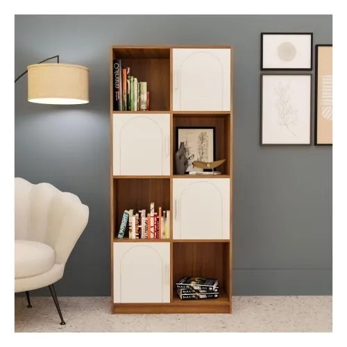 Image of Cube Arch Engineered Wood Open & Closed Bookshelf | Display Unit | Open 4 Shelves & 4 Door Cabinet Storage for Home & Of