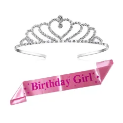 CURATED CART Birthday Tiara Crown with Sash for Women, Party Headband Hair Accessory
