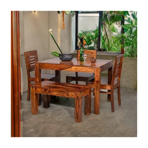 Image of Custom Decor Carlsbade Solid Sheesham Wood 4 Seater Dining Table Set | with 3 Chairs and 1 Bench - Honey Teak Brown