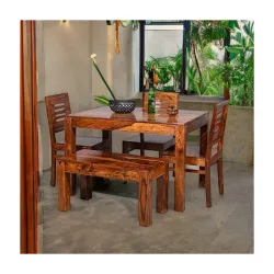 Custom Decor Carlsbade Solid Sheesham Wood 4 Seater Dining Table Set | with 3 Chairs and 1 Bench - Honey Teak Brown