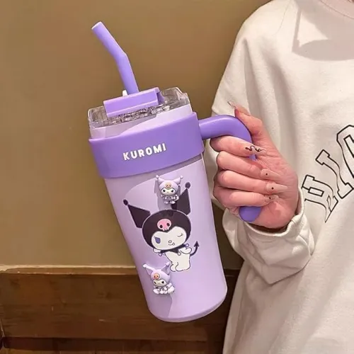 Image of Cute Cartoon Straw Tumbler 860ml with Handle Doublewall-Reusable Sipper Cup with Lid for Kids & Teens