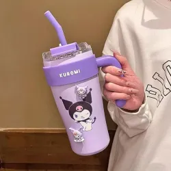 Cute Cartoon Straw Tumbler 860ml with Handle | Doublewall-Reusable Sipper Cup with Lid for Kids & Teens | Lightweight Drinking Mug for Water, Juice & Milk (Purple)