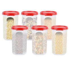 Cutting EDGE 585ML Smart Slim Storage Airtight Container-Red,Set of 6 Plastic material, pantry organization, pulses storage, grains storage, shelf arrangement, compact design, kitchen Storag...