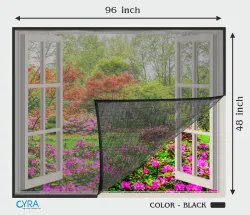 Cyra Window Mosquito Net Pre Stiched with Adhesive Hook & Loop Tape Fibre Washable Adults Mosquito Net (48X96 FEET - BLACK, Frame Hung)