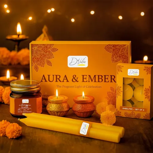 Image of D’Velas™ Aura & Ember Christmas Gift Box – Aromatherapy Candle, Scented Diyas, Cow Ghee Tealights & Colored Stick Candle