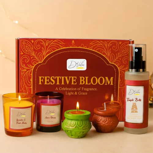 Image of D’Velas™ Festive Bloom Gift Hamper | Scented Candle, Room Freshener & Decorative Diyas | Premium Fragrance & Holiday Dec