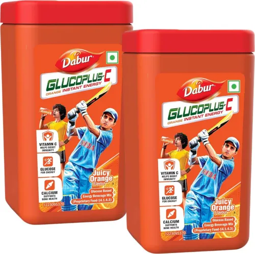 Image of Dabur GlucoPlus-C Instant Energy Glucose Juicy & Tasty (Orange Powder) Sports Drink (2x400 g, Orange Flavored)