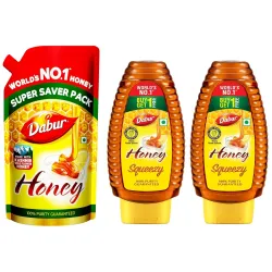 Dabur Honey - 750g Refill Pouch & Dabur Honey Squeezy Pack 800g (400gx2, Pack of 2)