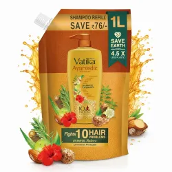 Dabur Vatika Ayurvedic Shampoo Refill Pouch - 1 L | Damage Therapy | Power of 10 Ingredients for Solving 10 Hair Problem