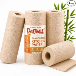 Daffodil Bamboo -2 Ply Kitchen Towel Tissue Roll | 240 Pulls (60 pulls x 4 Rolls) | 100% Eco-Friendly - Pure Bamboo Pulp |Soft & Super Absorbent | Food Safe