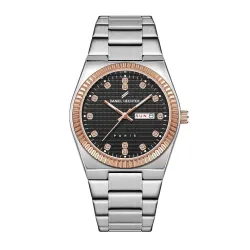 Daniel Hechter Hoche Collection Classic Analog Watch for Men – Textured Dial,Crystal Indices with Fluted Bezel, Date Display and Silver Stainless Steel Strap