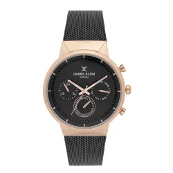 Daniel Klein Analog Black Round Dial Rose Gold Case Black Mesh Strap
