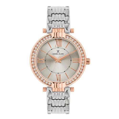 Image of Daniel Klein Analog Silver Round Dial Silver Metal Strap Stone-Studded