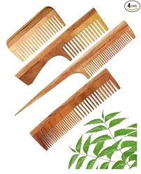 DAUMI Organic Neem Wood Anti Dandruff Hair Comb Combo (pack of 4) Natural & Eco-Friendly 