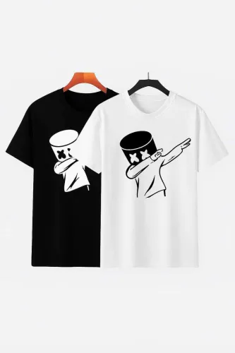 Image of DayalTShirt Men Printed Round Neck Cotton Blend Black, White T-Shirt