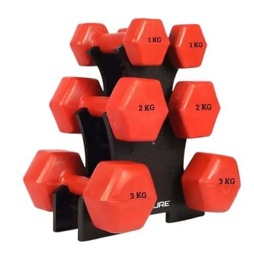 Image of De Jure Fitness Dumbbell Set with Rack – 1kg, 2kg & 3kg PVC Dumbbells (3 Pairs) with Compact Stand | Home Gym Weights fo