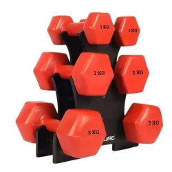 De Jure Fitness Dumbbell Set with Rack – 1kg, 2kg & 3kg PVC Dumbbells (3 Pairs) with Compact Stand | Home Gym Weights for Strength Training, Exercise & Space-Saving Storage - Red