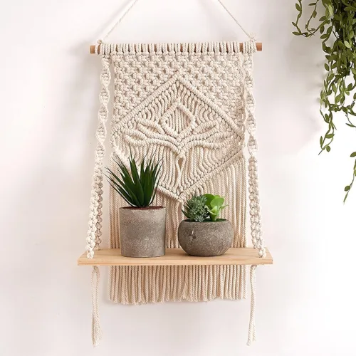 Image of Decazone Macrame Indoor Wall Hanging Shelf Chic Decor Wood Floating Boho Shelves 