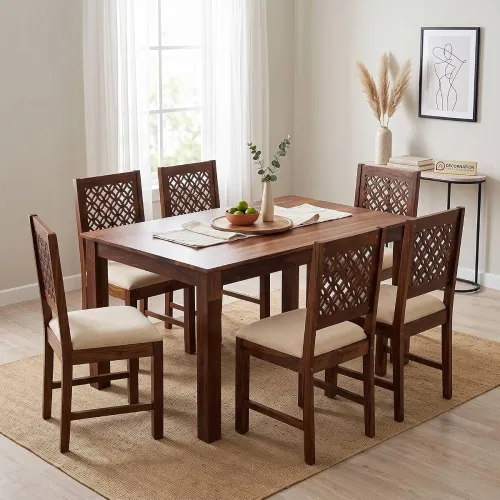 Image of DecorNation Sophia Sheesham Wood 6 Seater Dining Table Set (Walnut Brown)