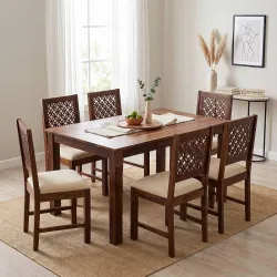 DecorNation Sophia Sheesham Wood 6 Seater Dining Table Set (Walnut Brown)