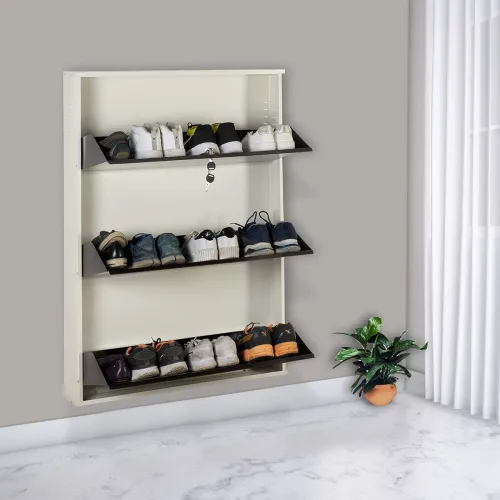 Image of DELITE KOM 29 Inch Wide, 3 Shelf Metal Shoe Rack Wall Mounted for Home with Central Lock | Holds Upto 12 Shoes or 18 Sli