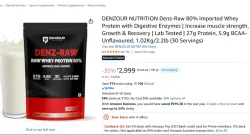 DENZOUR NUTRITION Denz-Raw 80% Imported Whey Protein with Digestive Enzymes | Increase muscle strength, Growth & Recovery | Lab Tested | 27g Protein, 5.9g BCAA- Unflavoured, 1.02Kg/2.2lb (30...