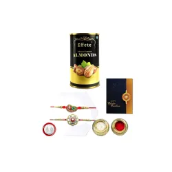 DeoDap Raksha Bandhan Gift Combo – Set of 2 Rakhis (1 Round Shape & 1 Mayur Design) with Almond Chocolate (96g), Silver 