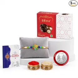 DeoDap Rakhi with Chocolate for Brother – Colorful Flower Design Rakhi with Choco Magic Chocolate (32g) with Silver Color Pooja Coin, Greeting Card & Tilak Set – Tradtional Raksha Bandhan Gi...