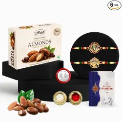 DeoDap Rakhi with Chocolate for Brother – Golden Color Stylish Rakhi 2 Pcs with Almond Chocolate (32g) with Silver Color Pooja Coin, Greeting Card & Tilak Set – Raksha Bandhan Pack (K2_544+5...
