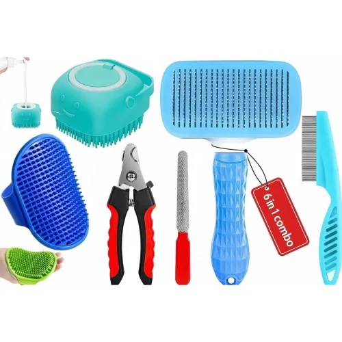 Image of Deriz 6 in 1 Pet Grooming Kit for Dog and Cat with Shedding Brush Nail Clipper Bath Brush Flea Comb and Complete Groomin