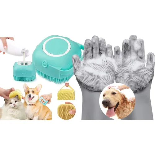 Image of Deriz Silicone Dog Bath Gloves Shampoo Brush Set